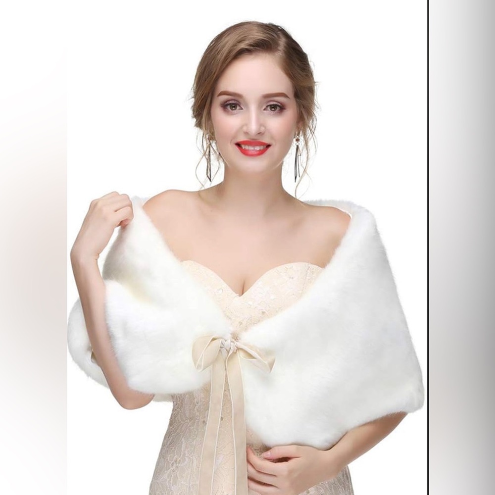 Wedding Faux Fur Shawl Bridal Fur Stole Cape with Ribbon for Bride/Bridesmaids